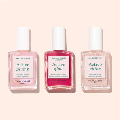 Trois flacons Active soins ongles côte à côte